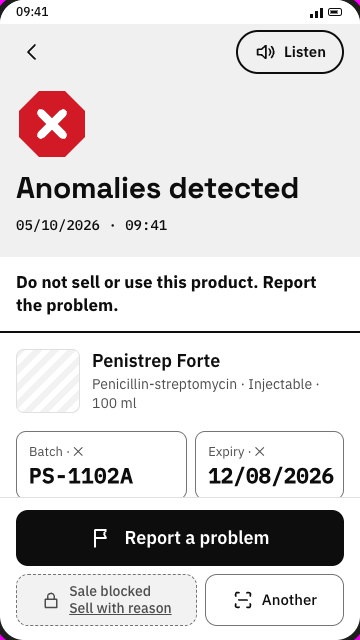 VeriVet result screen reading Anomalies detected, with a red octagon and the instruction not to sell or use the product.