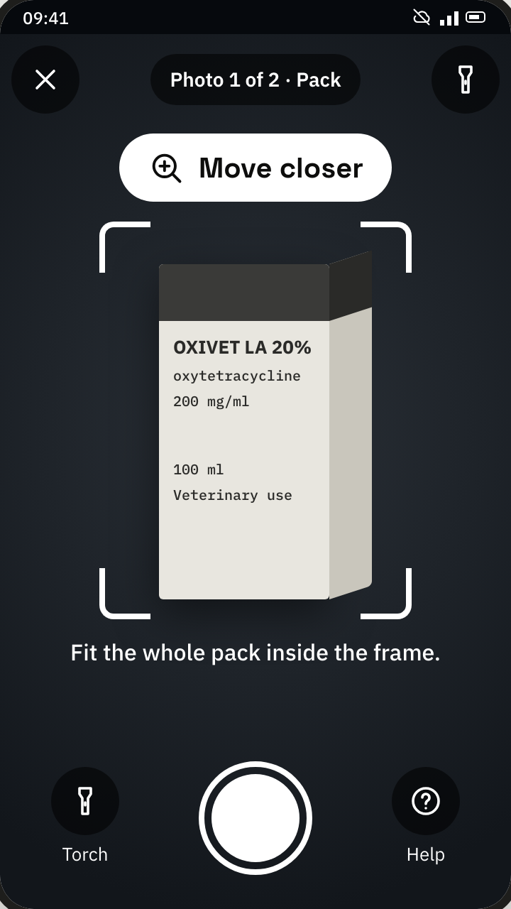 VeriVet camera screen guiding the user to fit the whole medicine pack inside the frame.