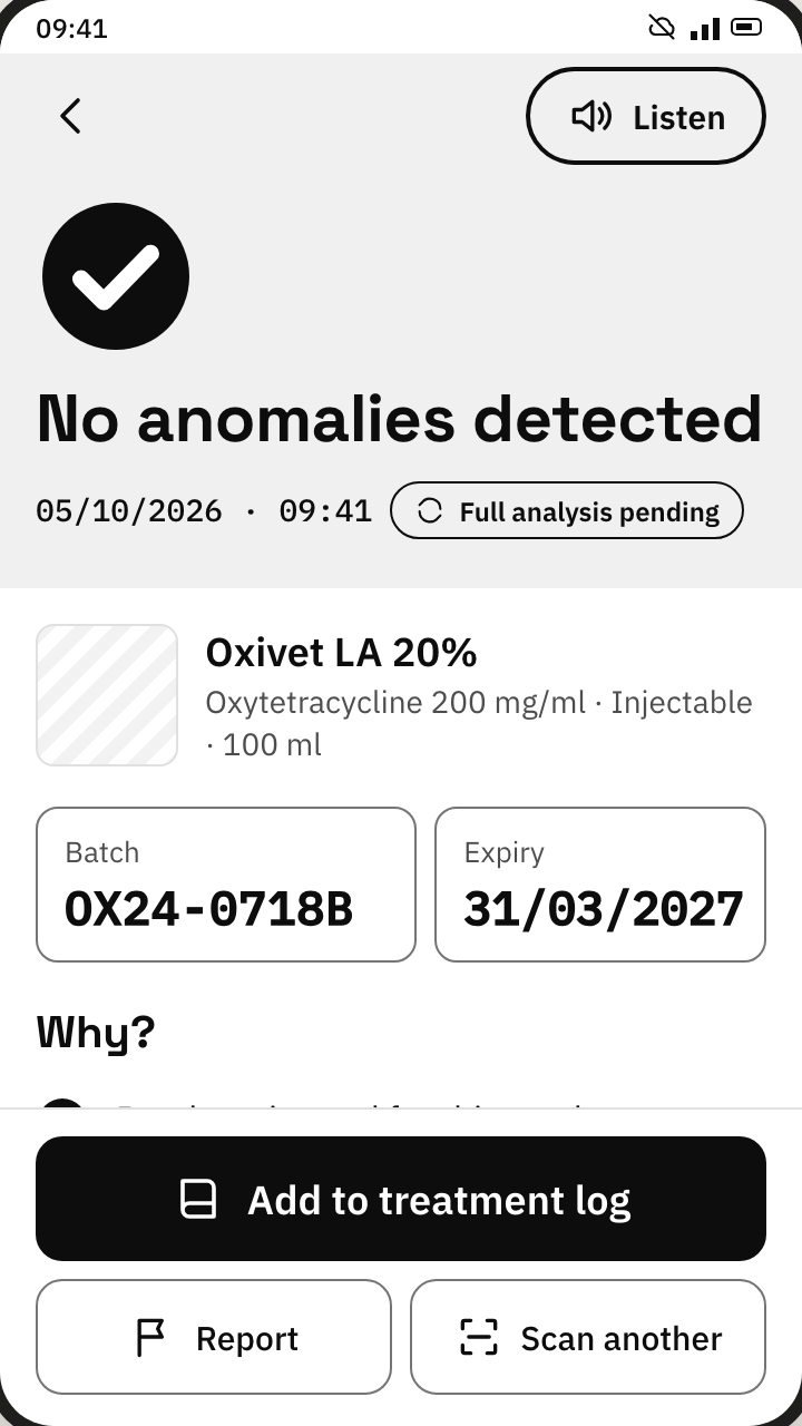 VeriVet result screen reading No anomalies detected, with product name, batch and expiry date.